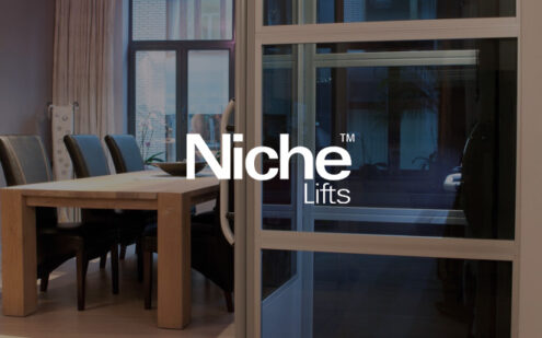 Niche lifts logo overlayed onto a working home platform lift