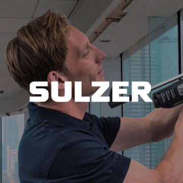 Sulzer logo overlayed onto someone using a dispenser